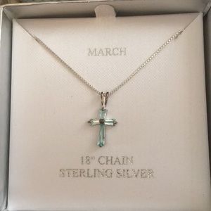 18” Sterling Silver Chain Costume Aquamarine Cross